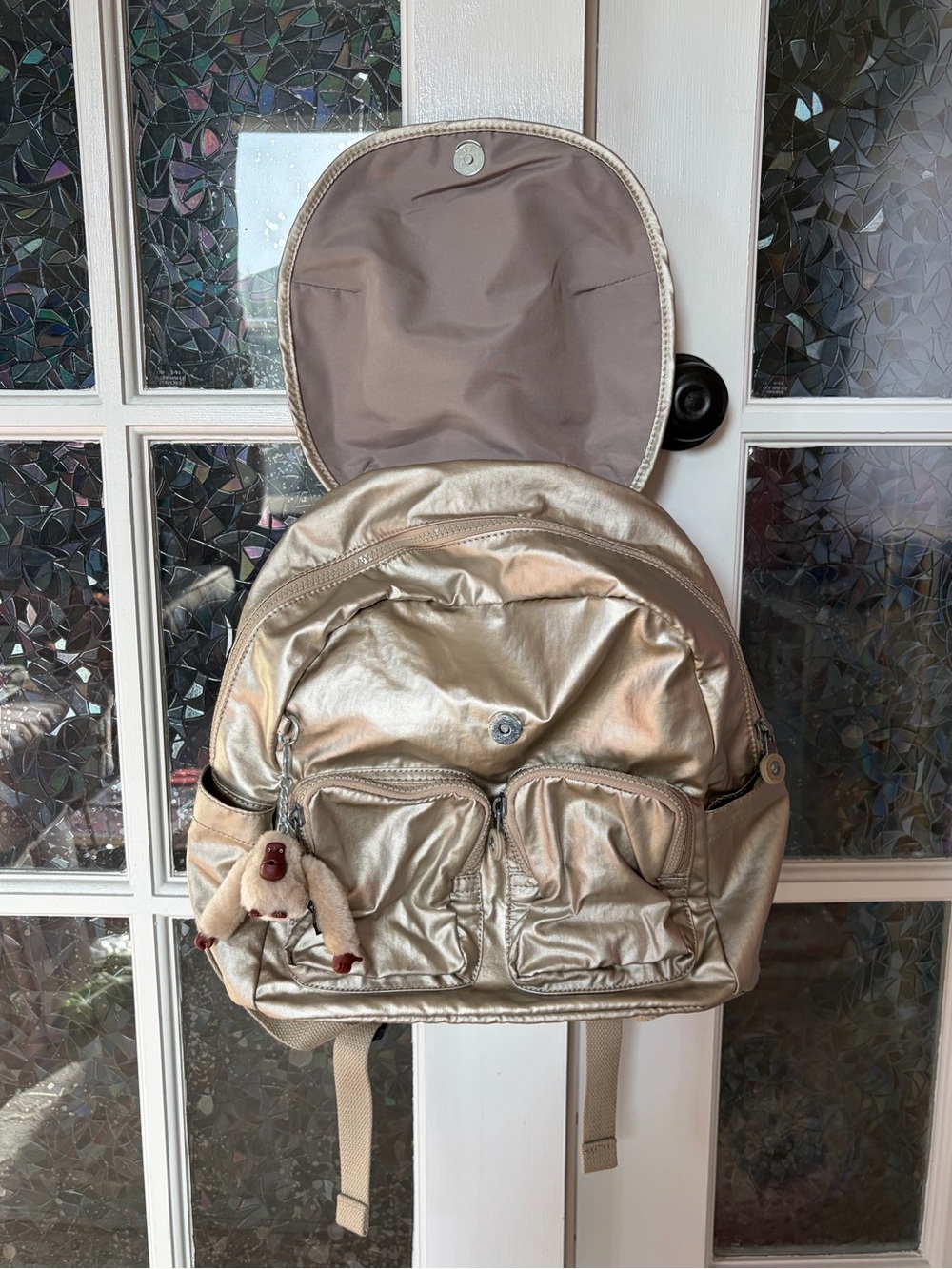 Kipling Gold Lightweight Nylon Backpack with Monkey Keychain - Picture 7 of 13